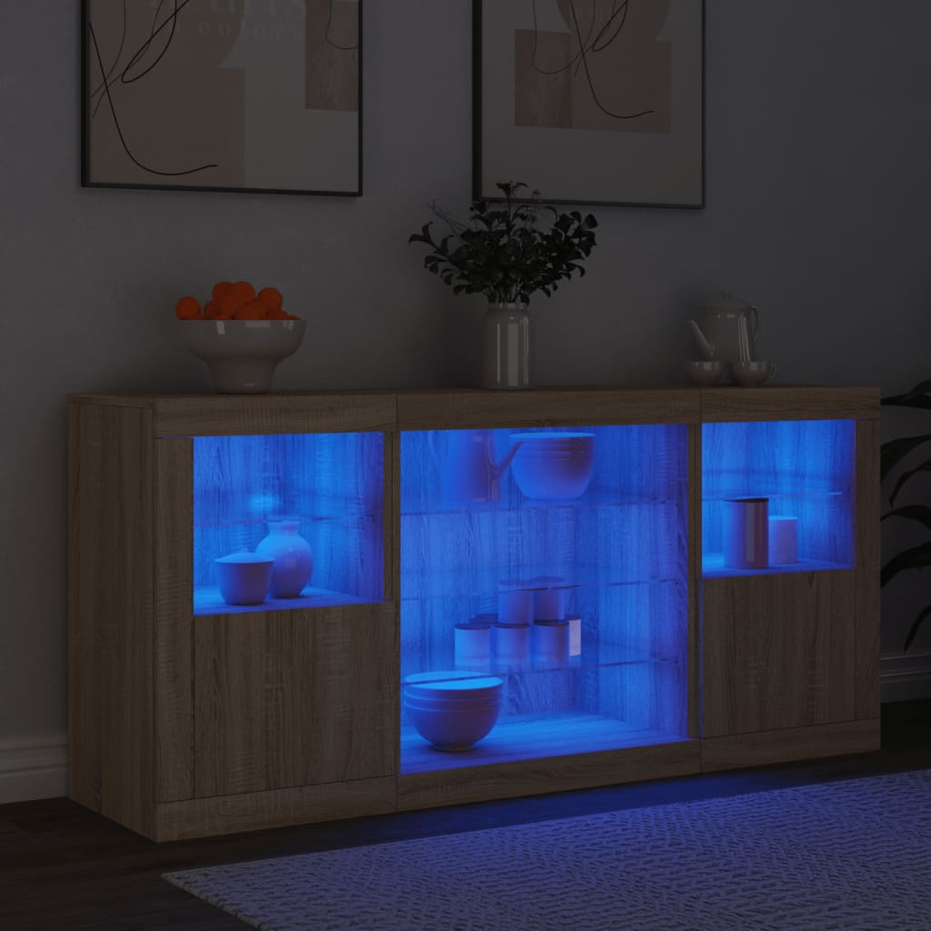 Servantă cu lumini LED, stejar sonoma, 142,5x37x67 cm