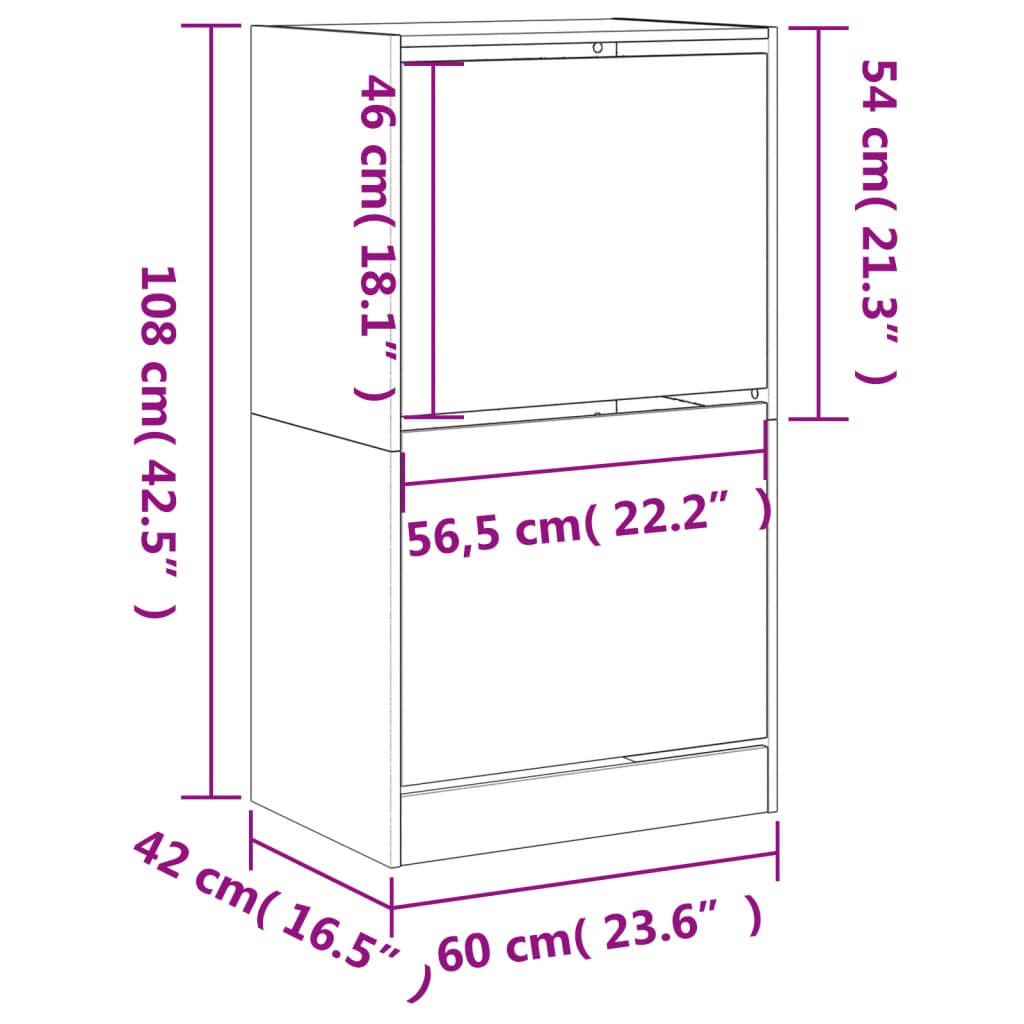 Dulap de pantofi cu 2 sertare rabatabile, alb, 60x42x108 cm