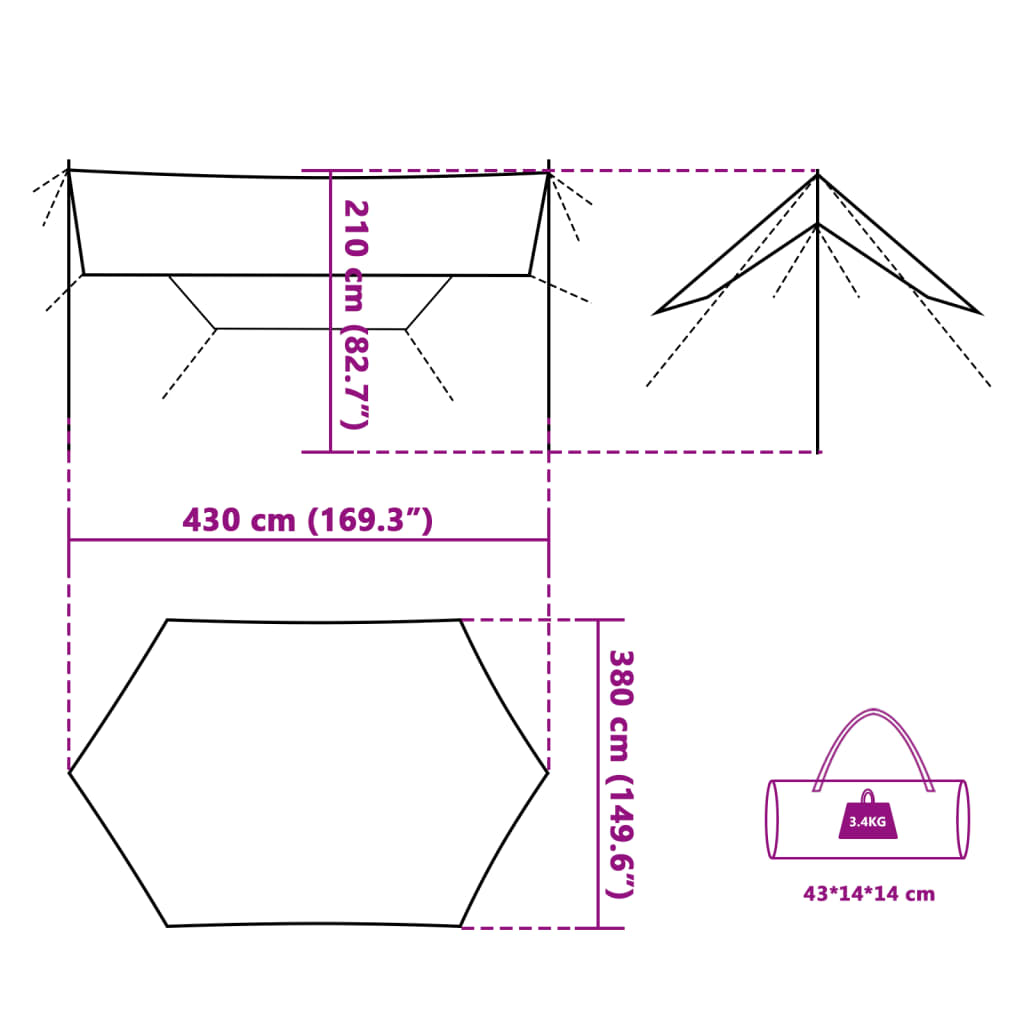 Prelată de camping, verde, 430x380x210 cm, impermeabilă