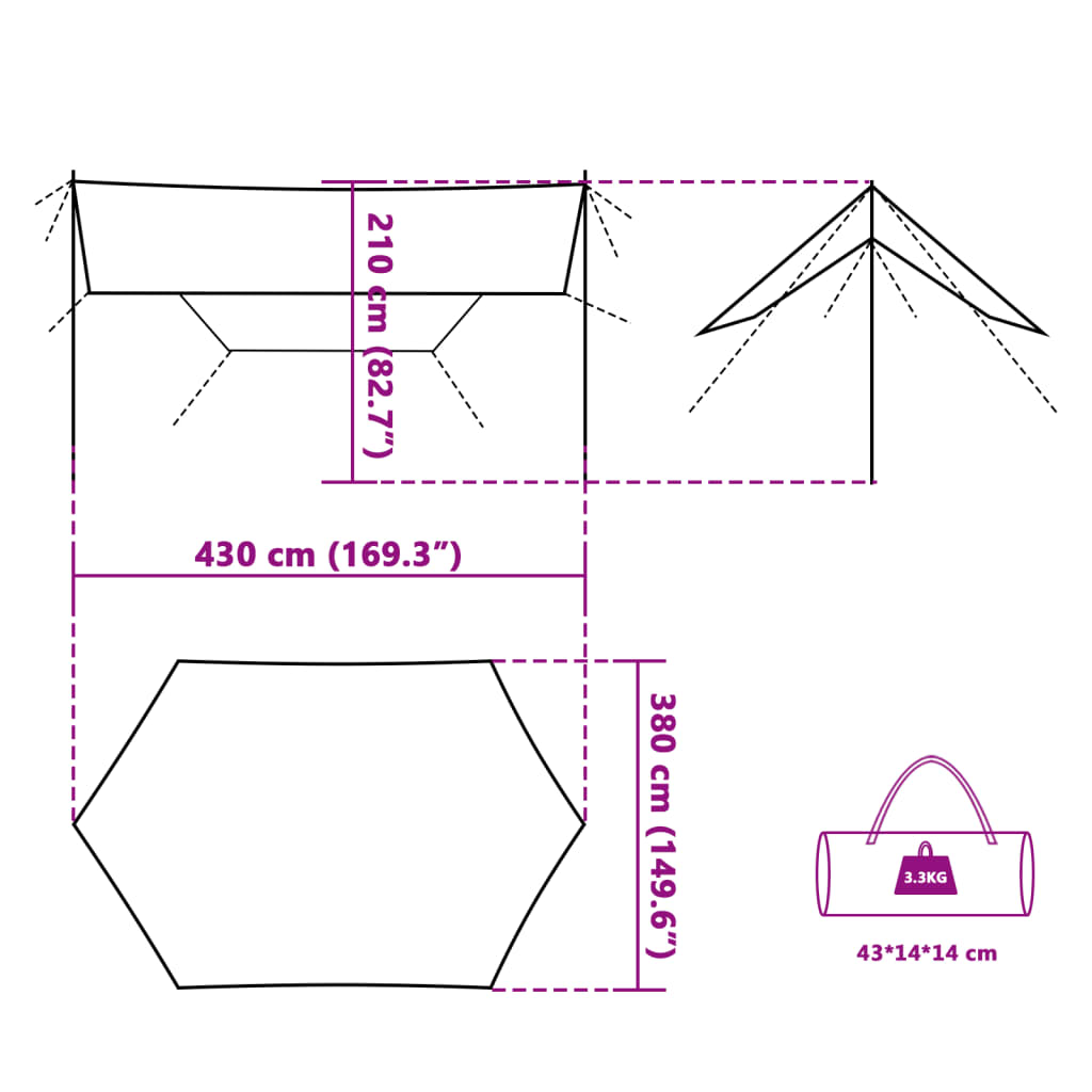 Prelată de camping, albastru, 430x380x210 cm, impermeabilă