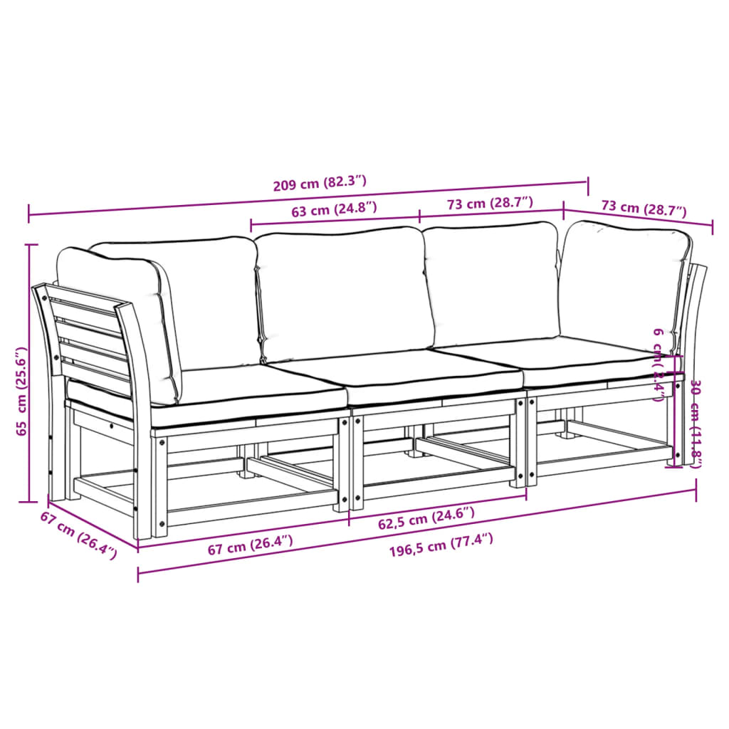 Set mobilier de grădină cu perne, 3 piese, lemn masiv acacia