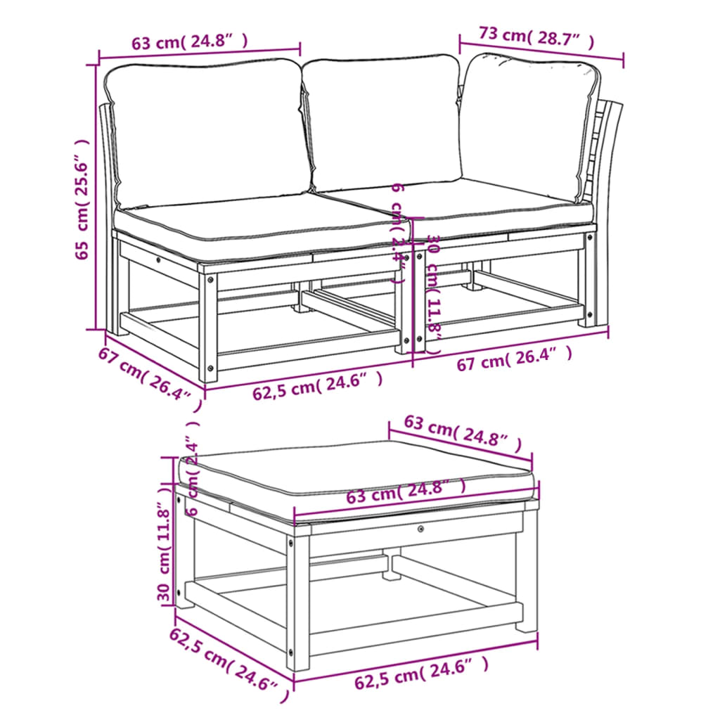 Set mobilier de grădină cu perne, 3 piese, lemn masiv acacia