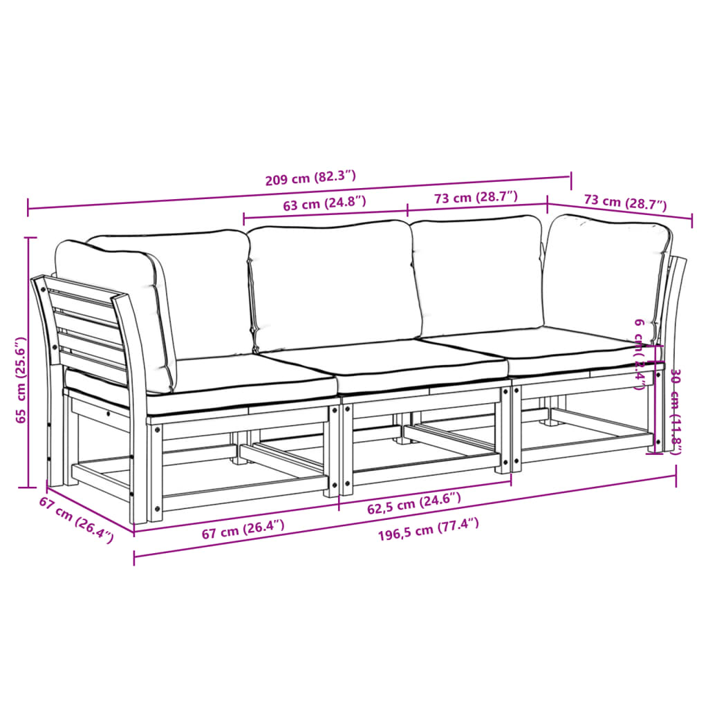 Set mobilier de grădină cu perne, 3 piese, lemn masiv acacia