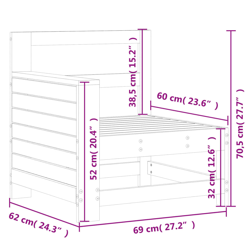 Canapea cu cotieră de grădină, alb, 69x62x70,5cm lemn masiv pin