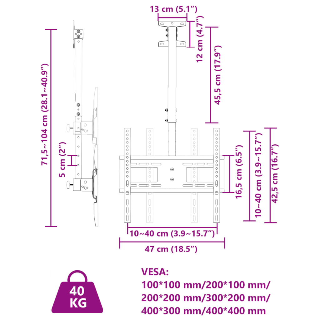 Suport TV de tavan ecran 32-65 inchi Max VESA 400x400 mm 40kg