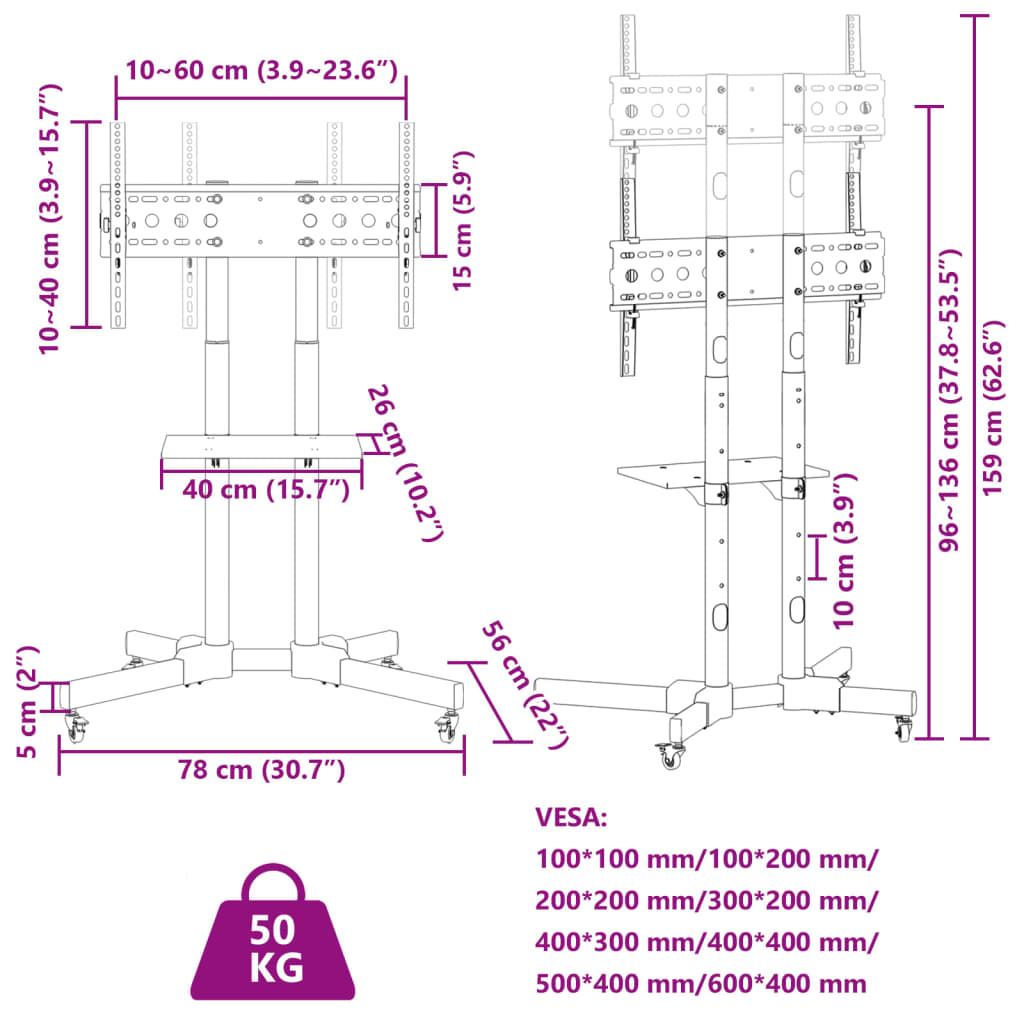 Suport TV pe roți ecran de 32-70 inchi Max VESA 600x400 mm 50kg