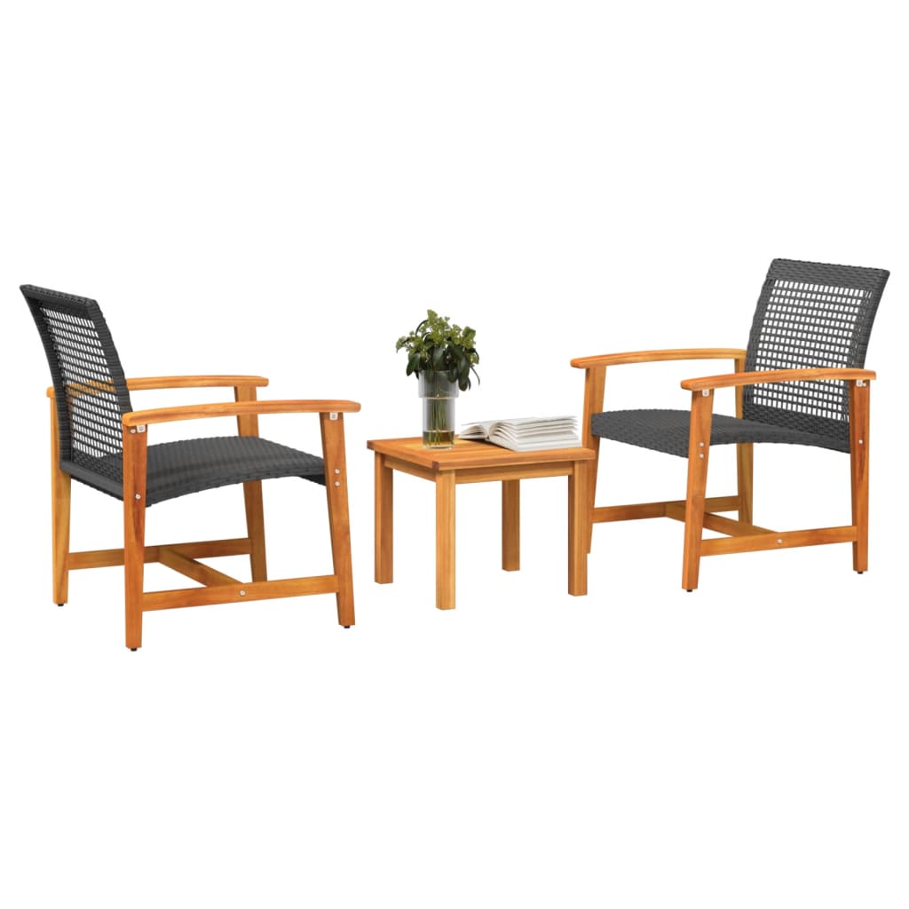 Set mobilier bistro, 3 piese, poliratan negru/lemn de acacia