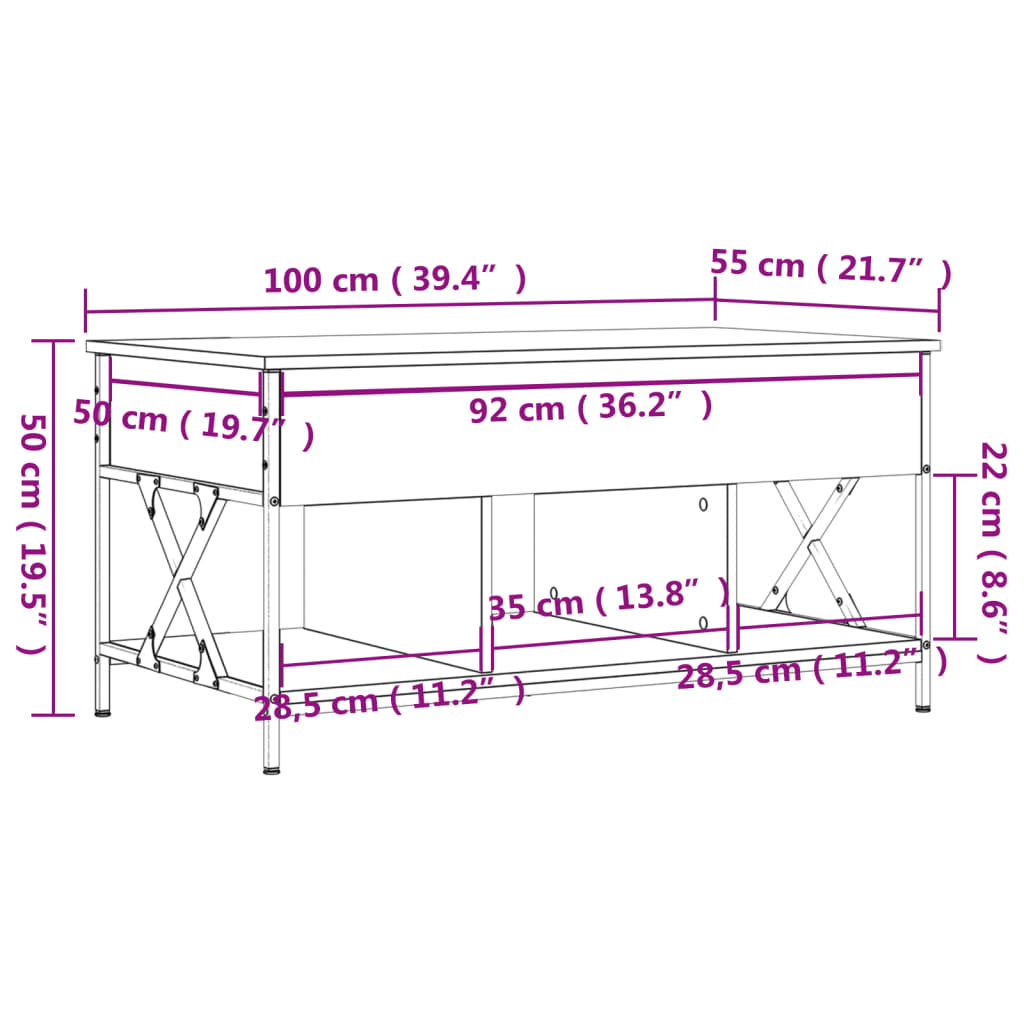 Măsuță de cafea stejar fumuriu 100x55x50cm lemn prelucrat/metal