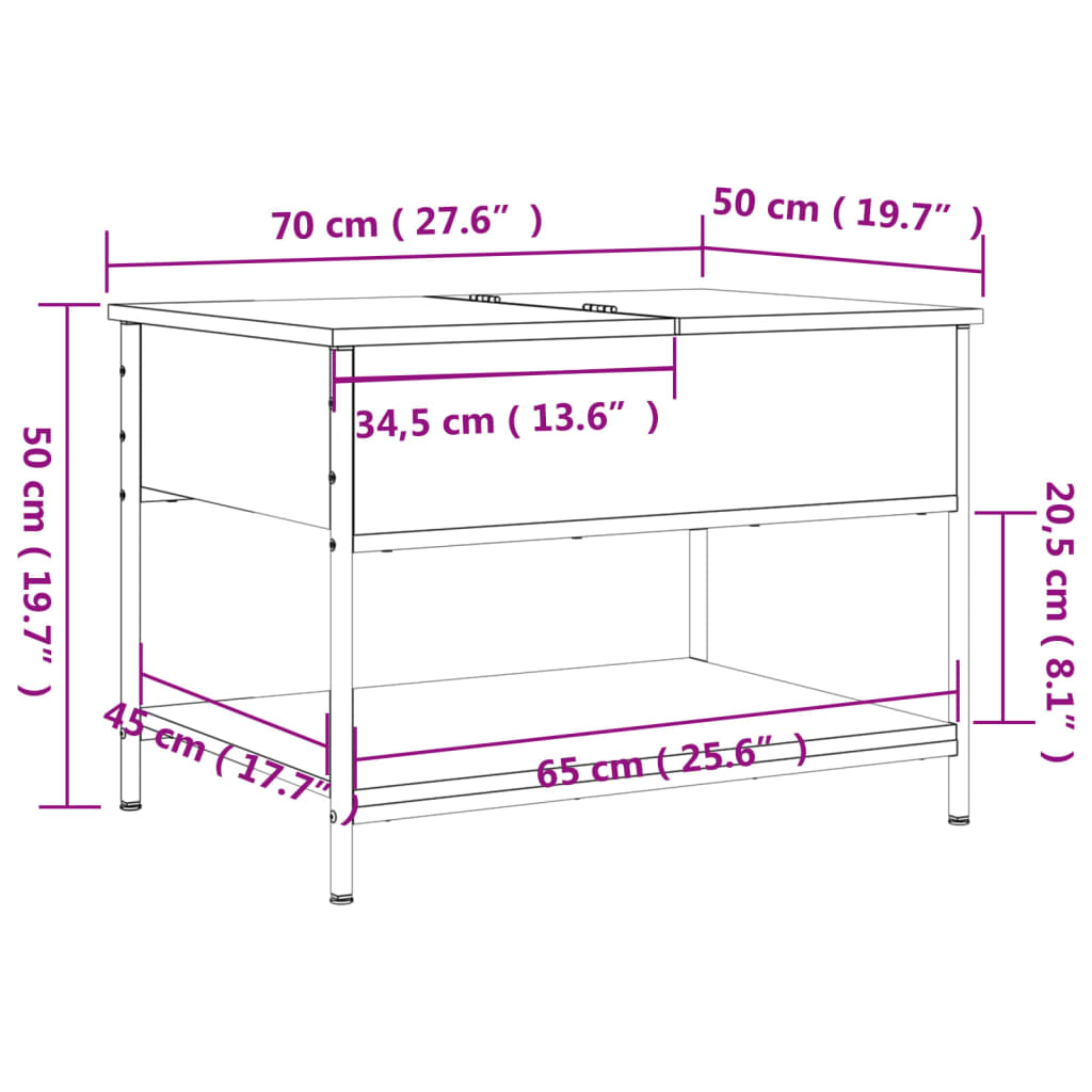 Măsuță de cafea, 70x50x50 cm, lemn prelucrat și metal