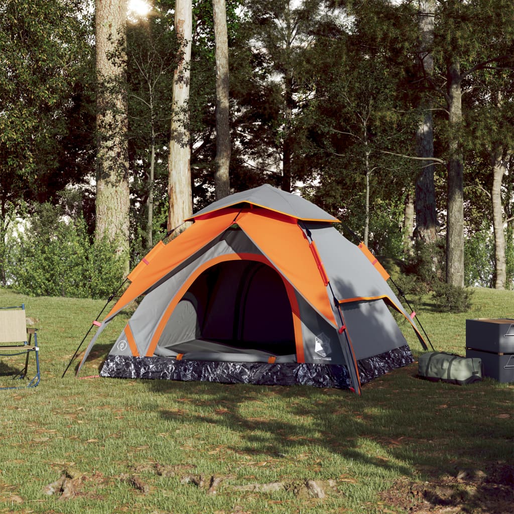 Cort camping cupolă 3 persoane, gri/portocaliu, setare rapidă