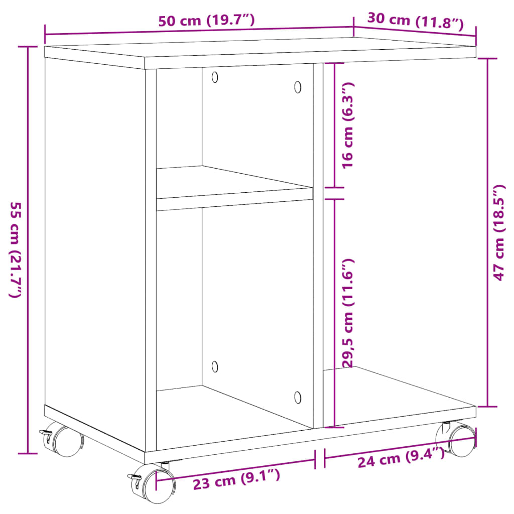 Masă laterală cu roți stejar fumuriu 50x30x55 cm lemn compozit