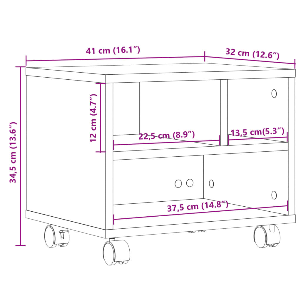 Suport pentru imprimantă cu roți, gri beton, 41x32x34,5 cm