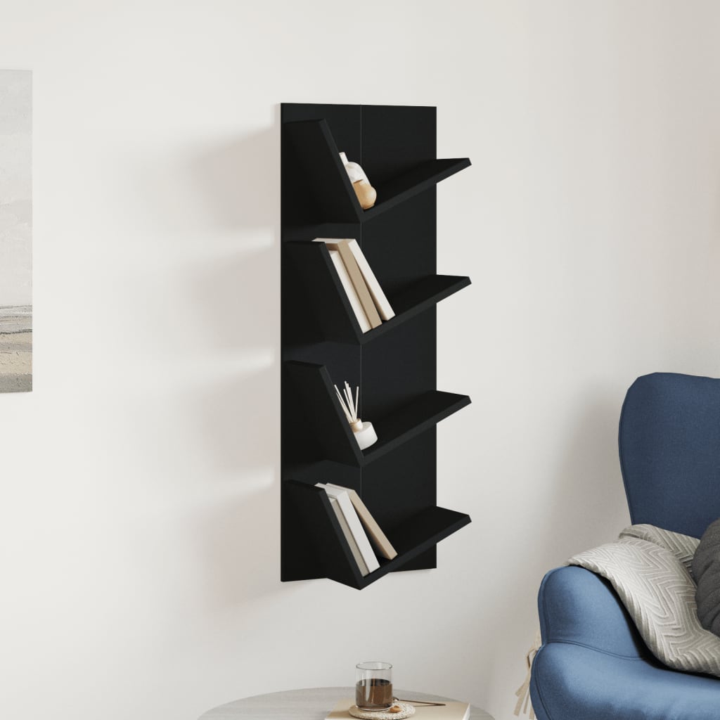 Bibliotecă de perete cu 4 niveluri, negru, 33x16x90 cm