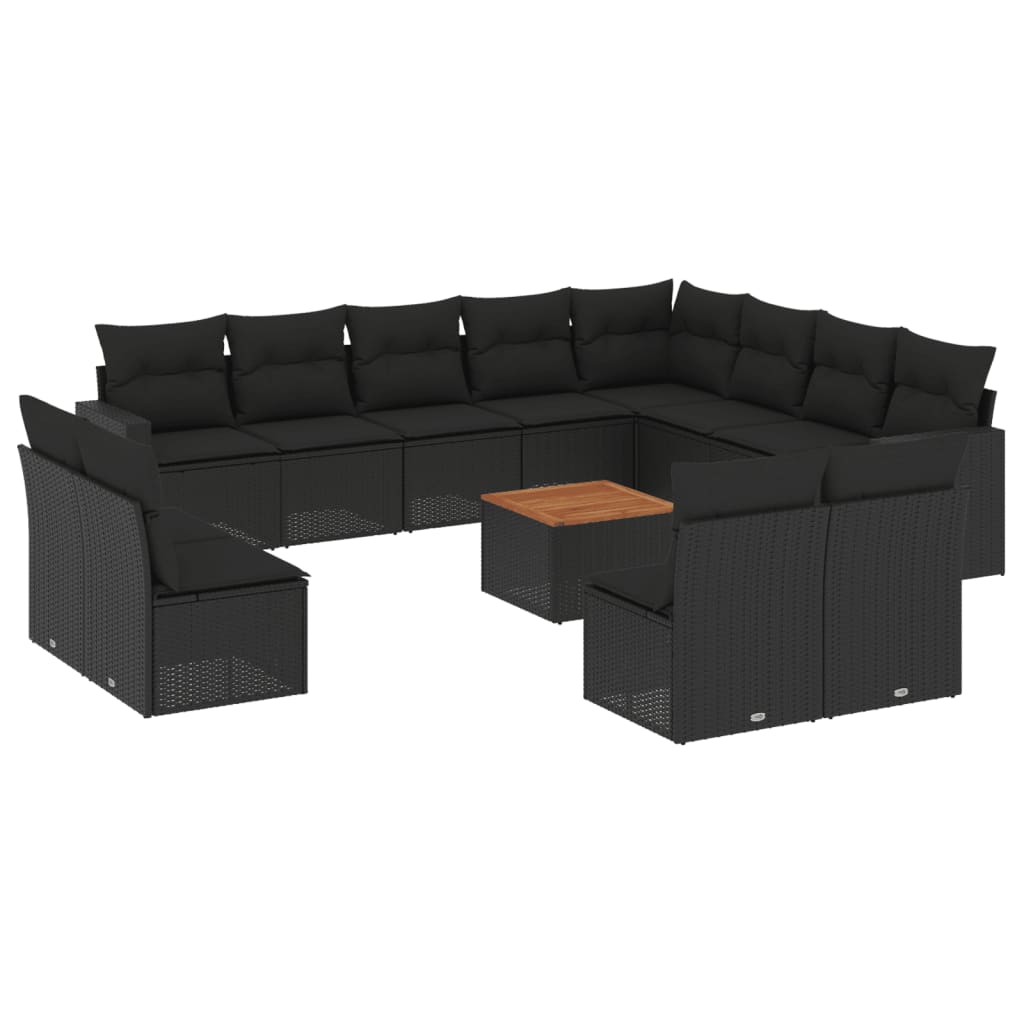 Set mobilier de grădină cu perne, 13 piese, negru, poliratan