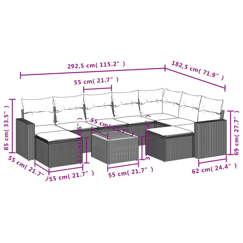 Set canapele de grădină cu perne, 10 piese, negru, poliratan