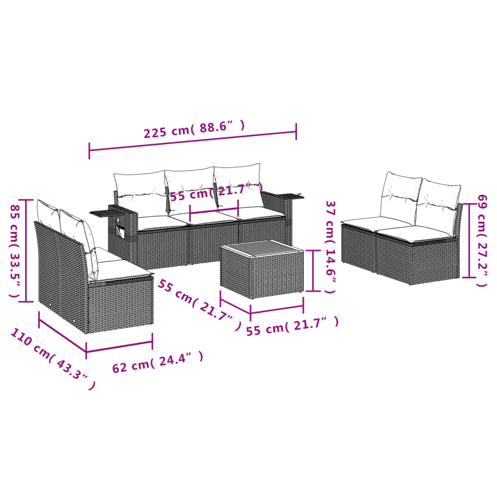 Set mobilier de grădină cu perne, 8 piese, negru, poliratan