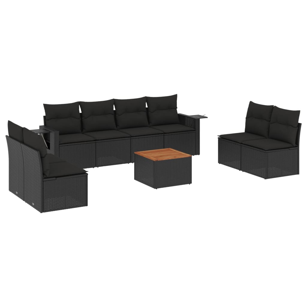 Set mobilier de grădină cu perne, 9 piese, negru, poliratan