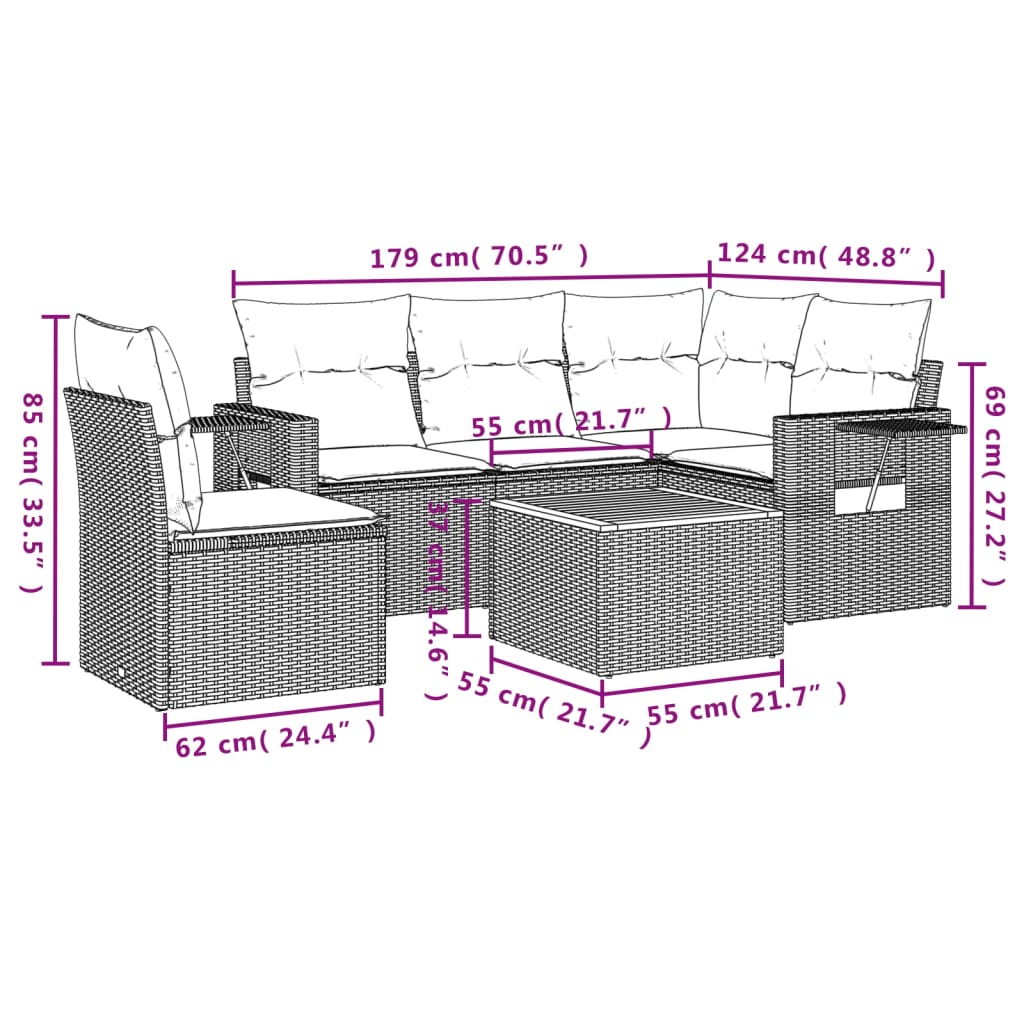 Set mobilier de grădină cu perne, 6 piese, negru, poliratan