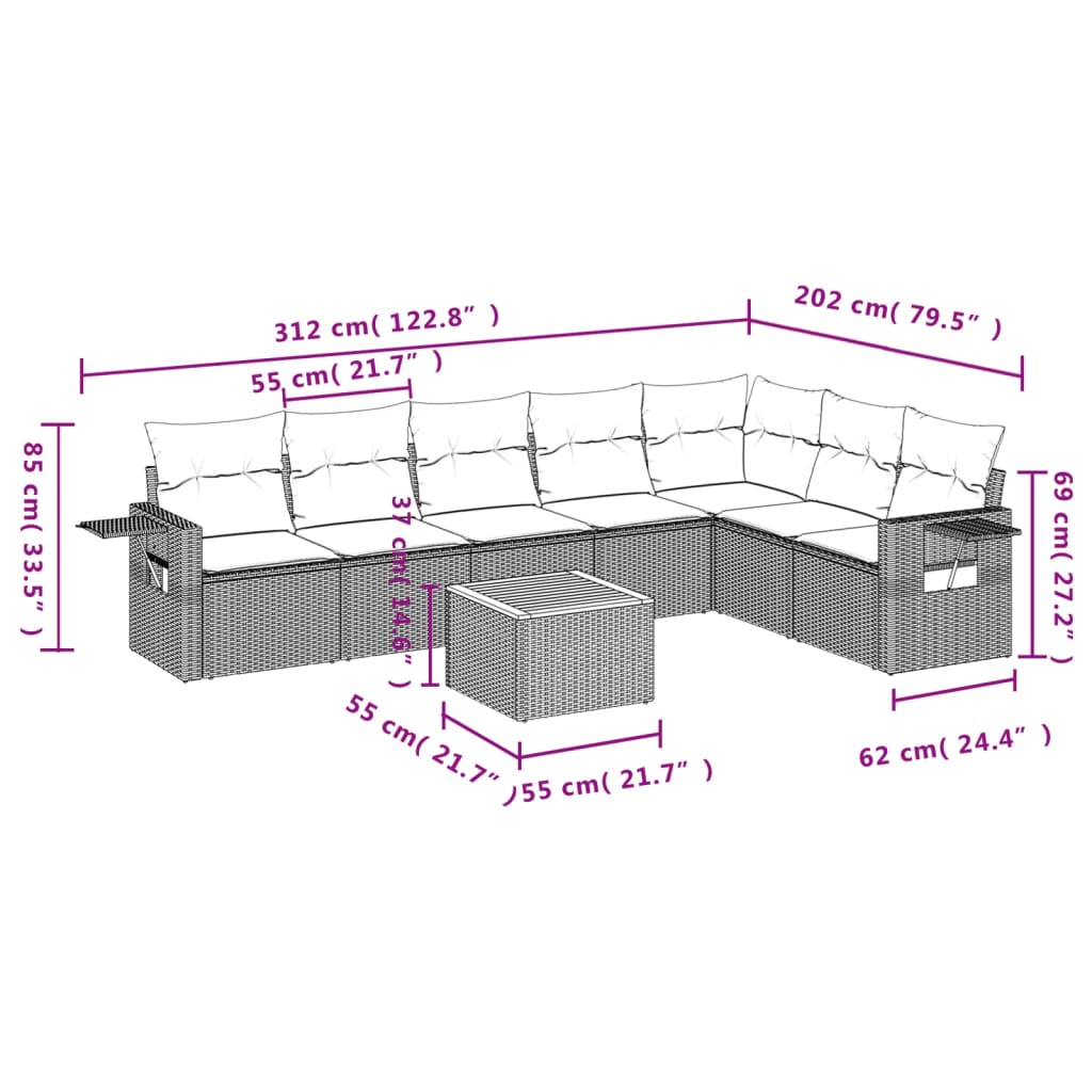 Set mobilier de grădină cu perne, 8 piese, negru, poliratan