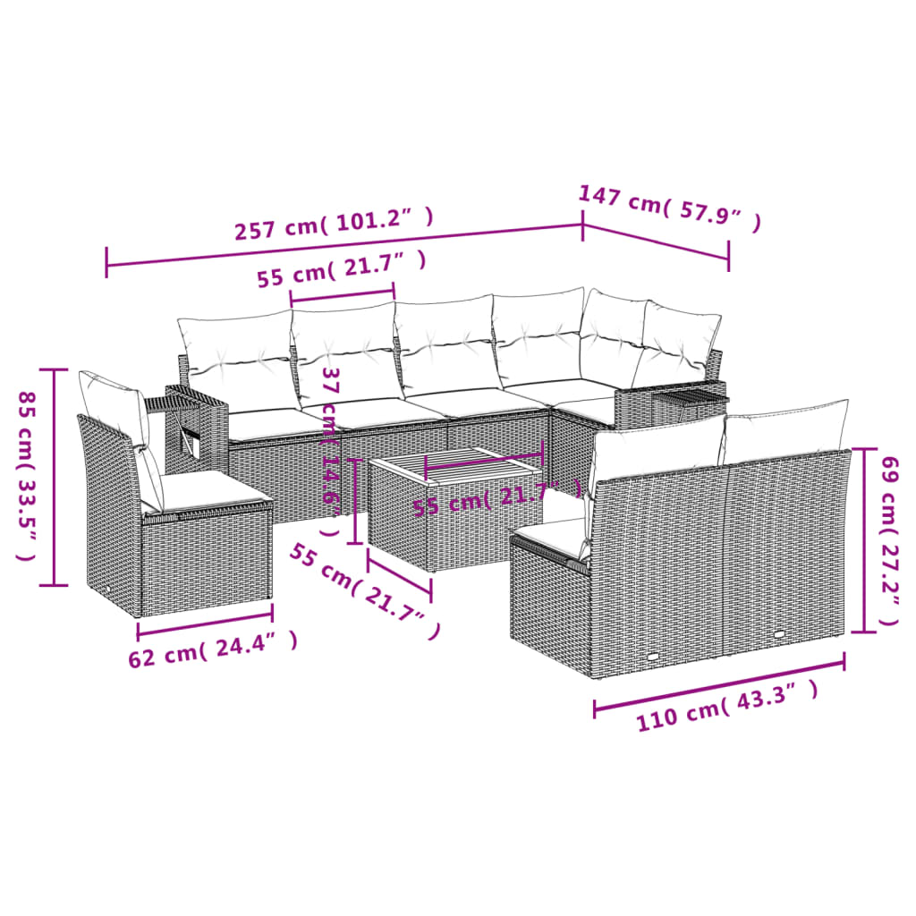 Set mobilier de grădină cu perne, 9 piese, negru, poliratan