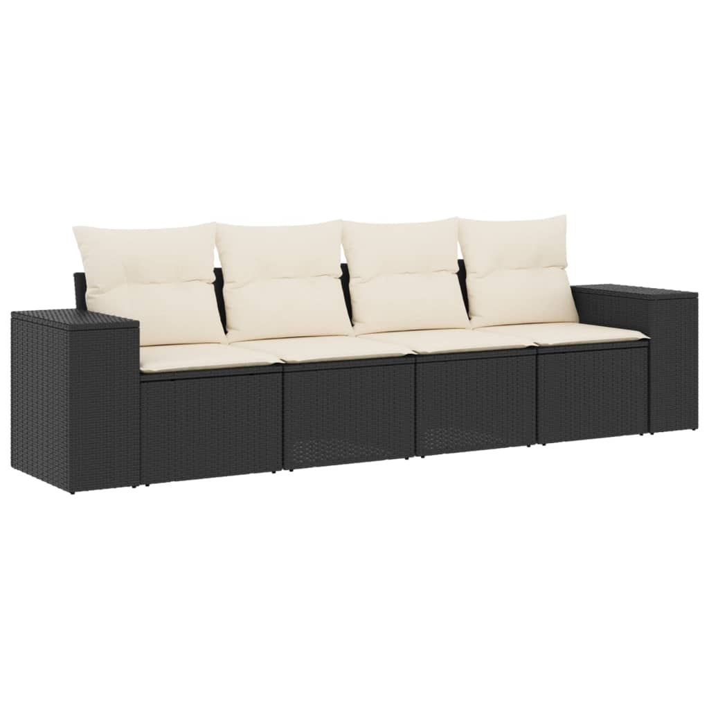 Set mobilier de grădină cu perne, 4 piese, negru, poliratan