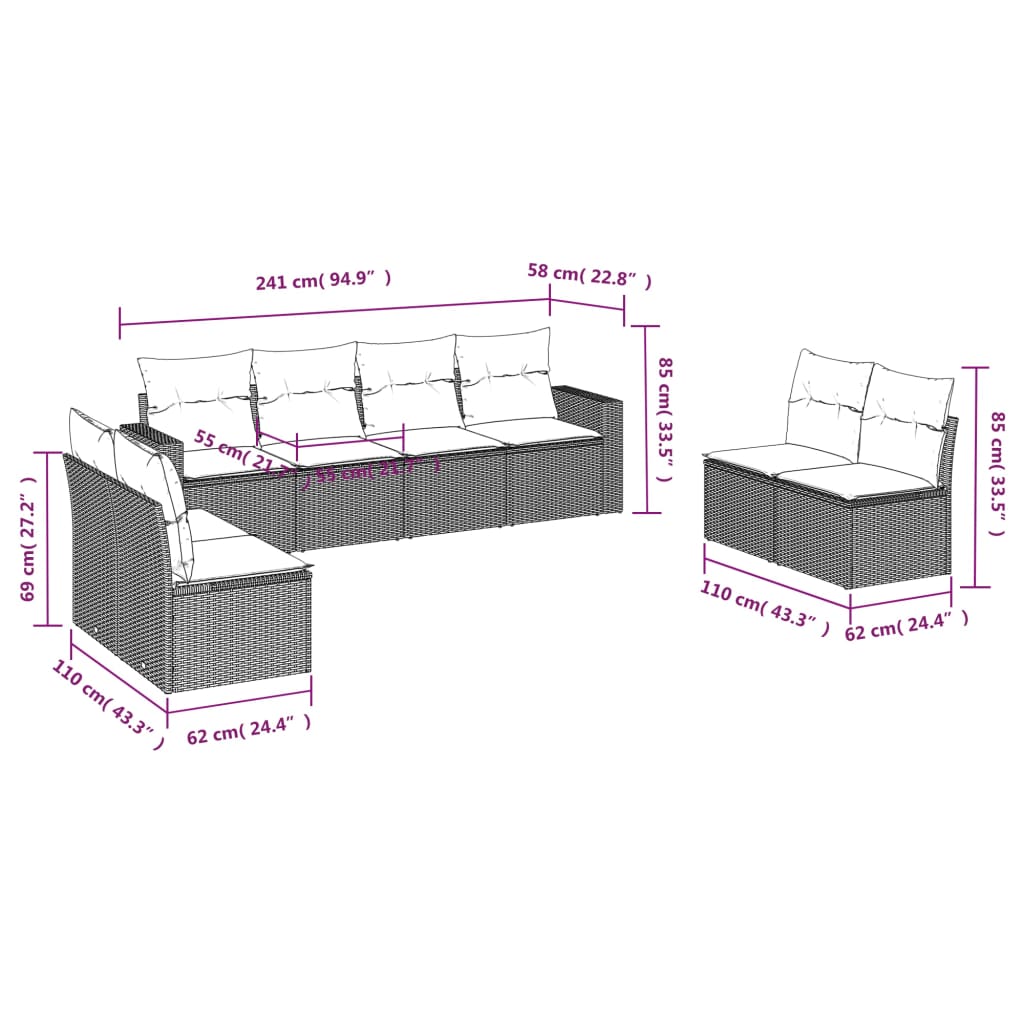 Set mobilier de grădină cu perne, 8 piese gri deschis poliratan