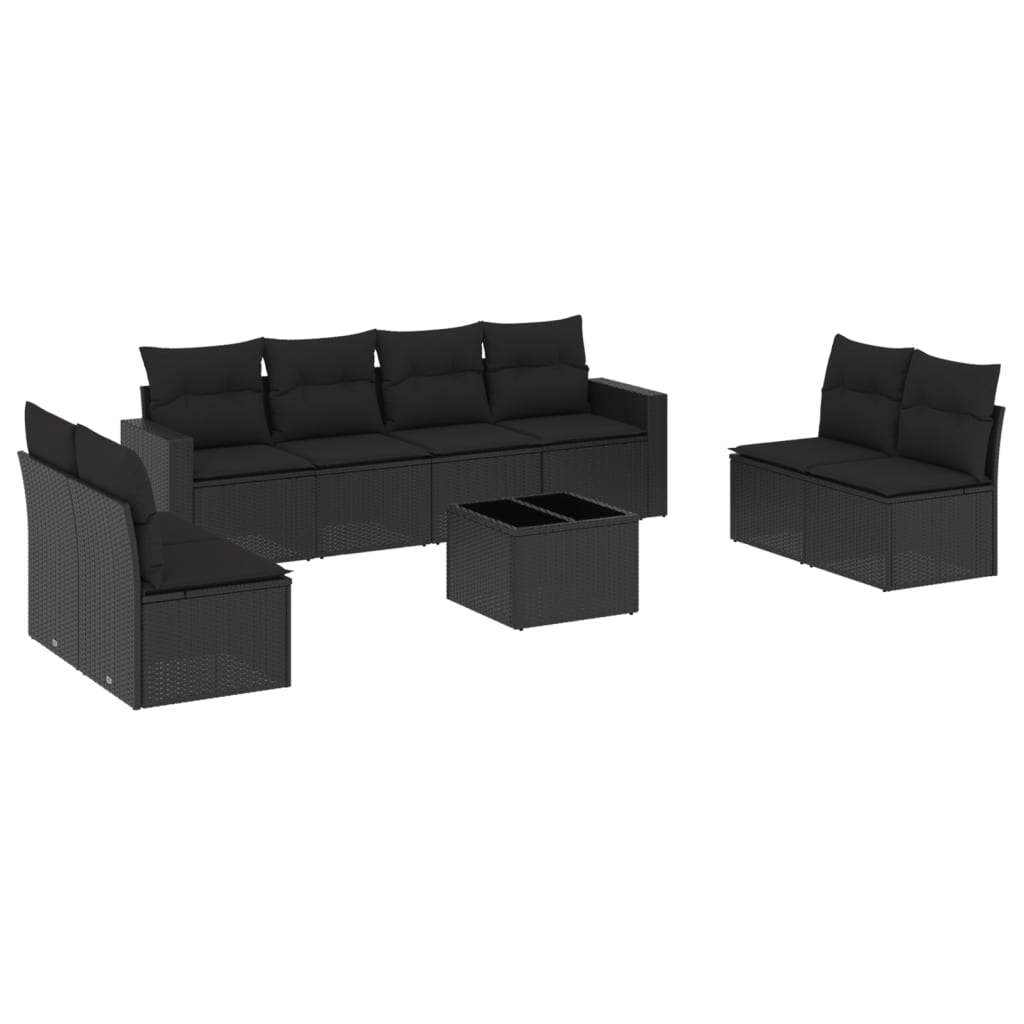 Set mobilier de grădină cu perne, 9 piese, negru, poliratan