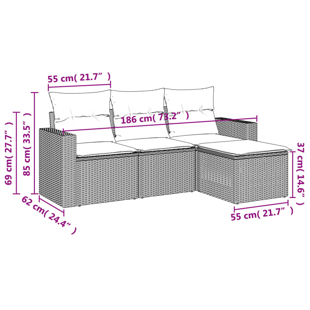 Set mobilier de grădină cu perne, 4 piese, negru, poliratan