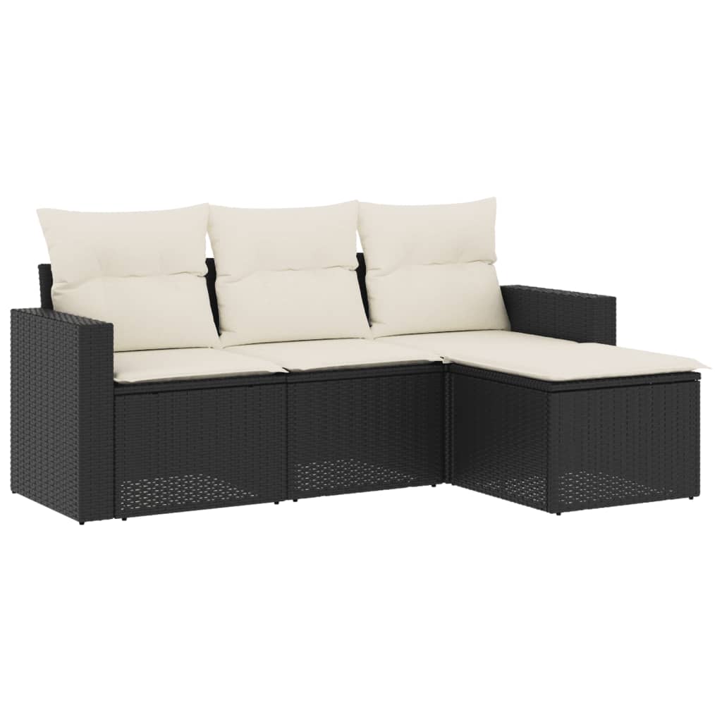 Set mobilier de grădină cu perne, 4 piese, negru, poliratan