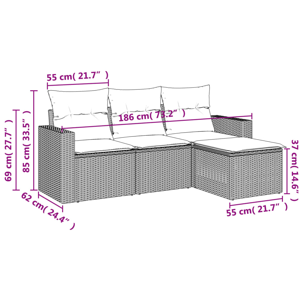 Set canapea de grădină cu perne, 4 piese, gri deschis poliratan