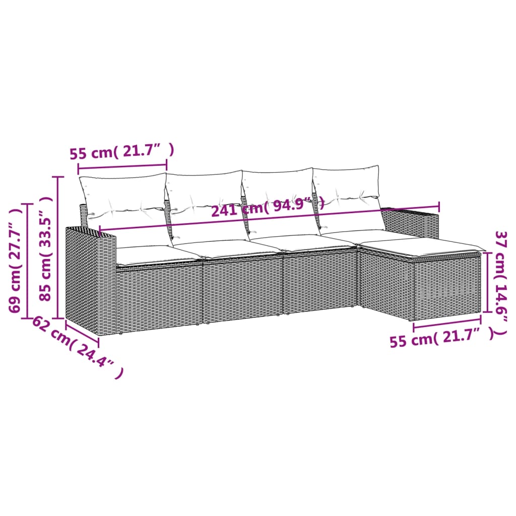 Set mobilier de grădină cu perne, 5 piese, negru, poliratan