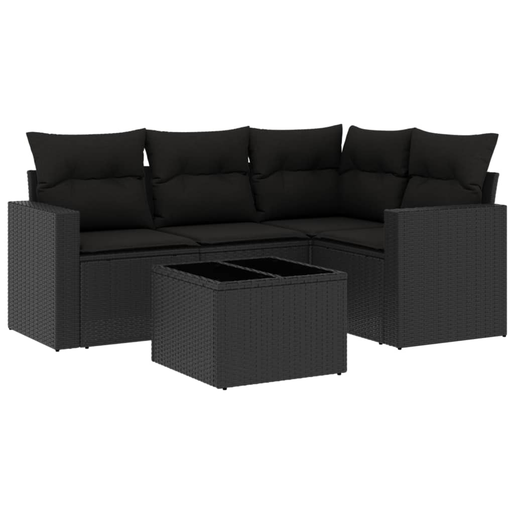 Set mobilier de grădină cu perne, 5 piese, negru, poliratan