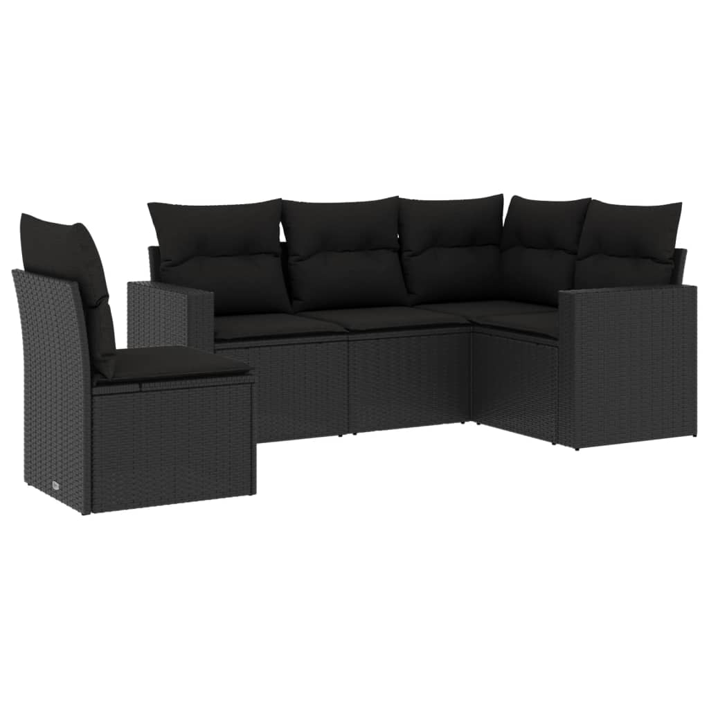 Set mobilier de grădină cu perne, 5 piese, negru, poliratan