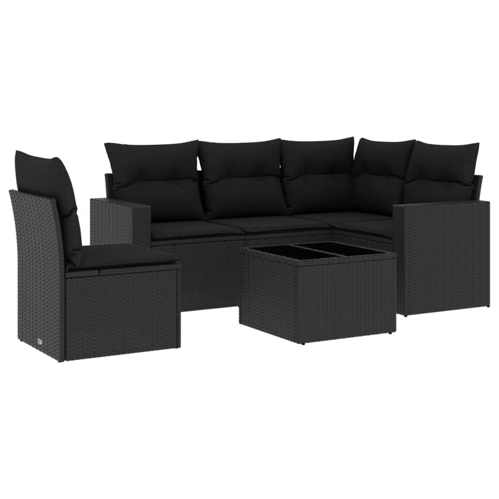 Set mobilier de grădină cu perne, 6 piese, negru, poliratan