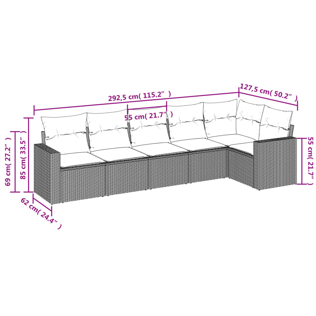 Set mobilier de grădină cu perne, 6 piese, negru, poliratan