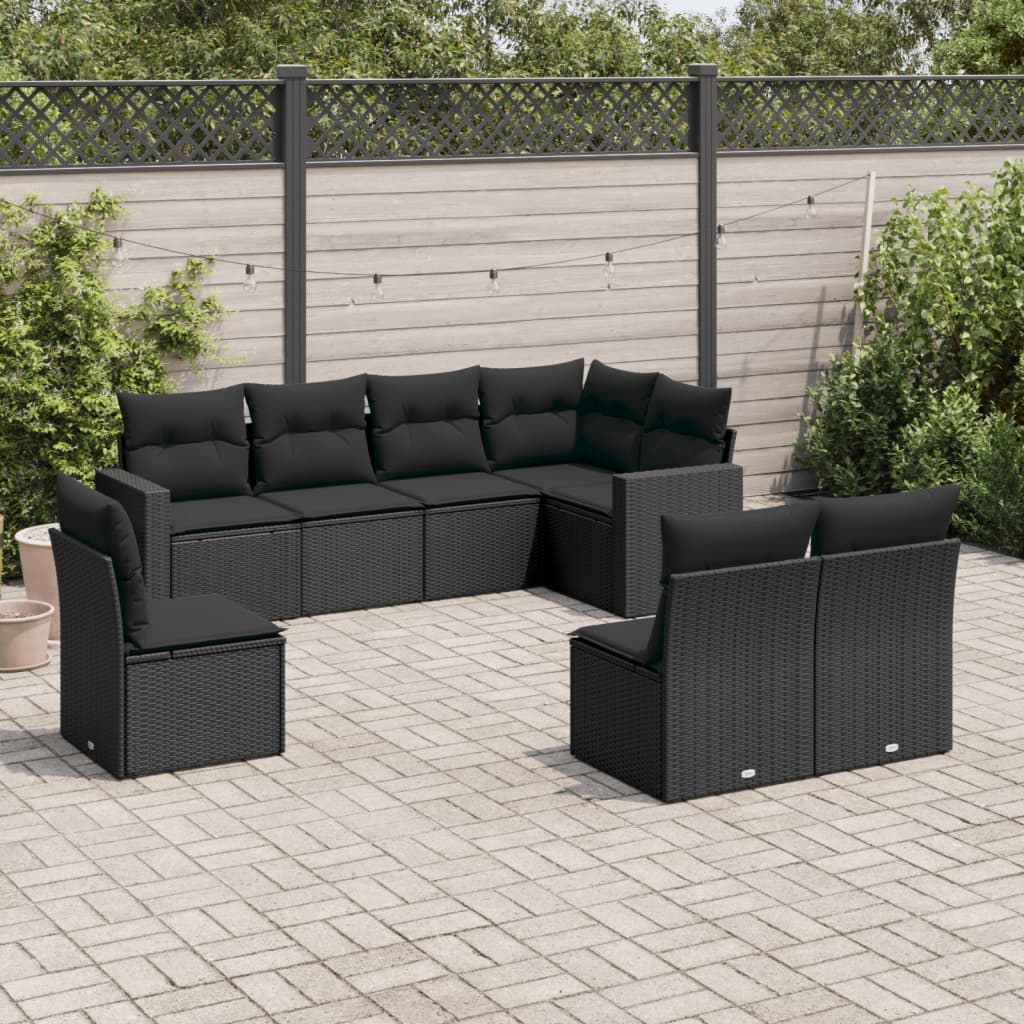 Set mobilier de grădină cu perne, 8 piese, negru, poliratan