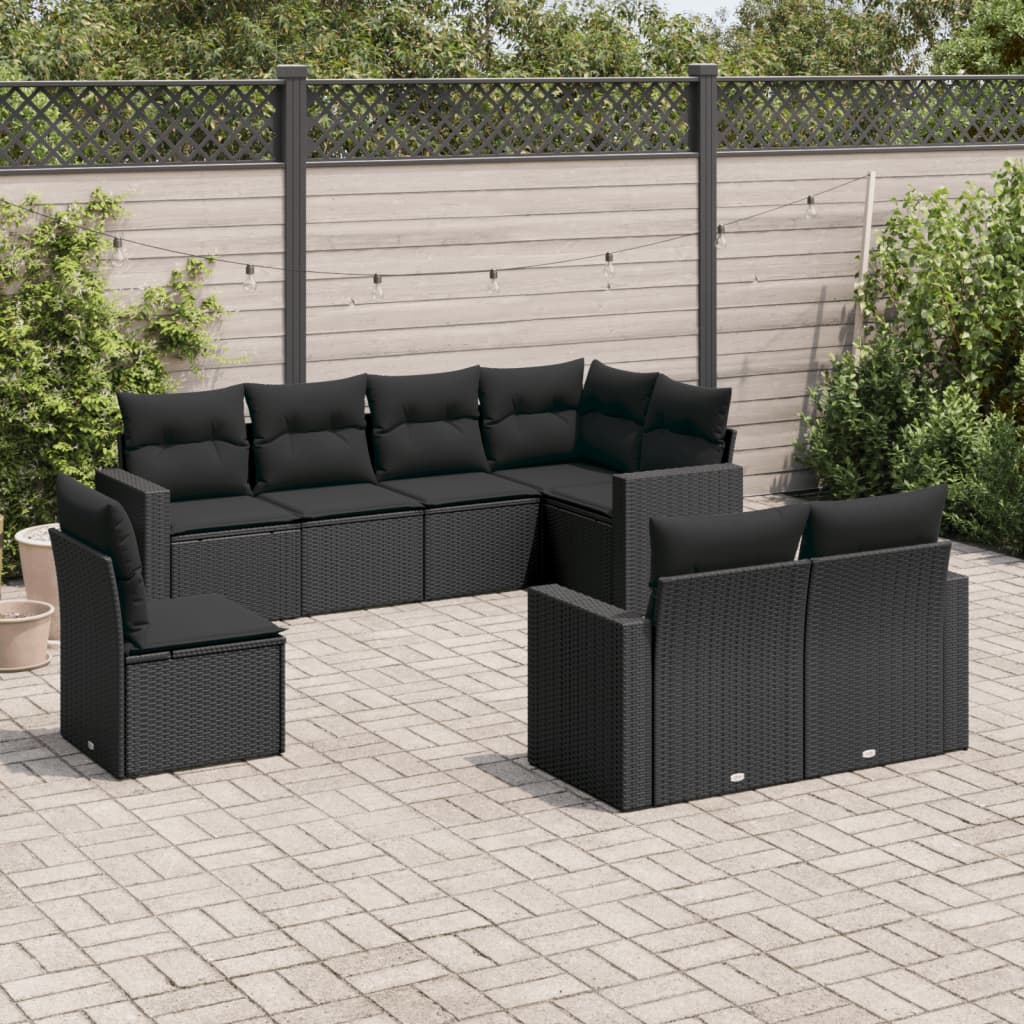 Set mobilier de grădină cu perne, 8 piese, negru, poliratan