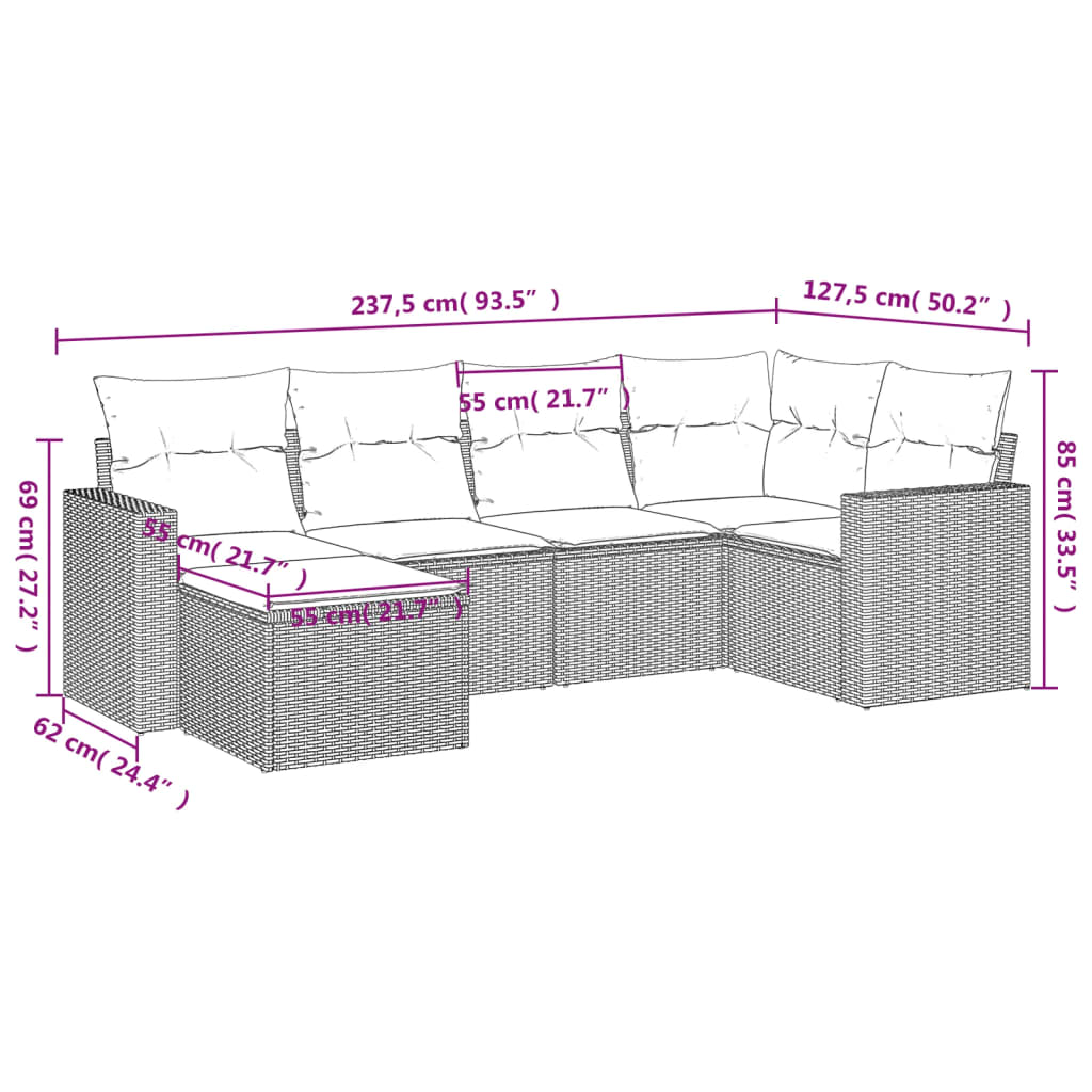 Set mobilier de grădină cu perne, 6 piese, negru, poliratan