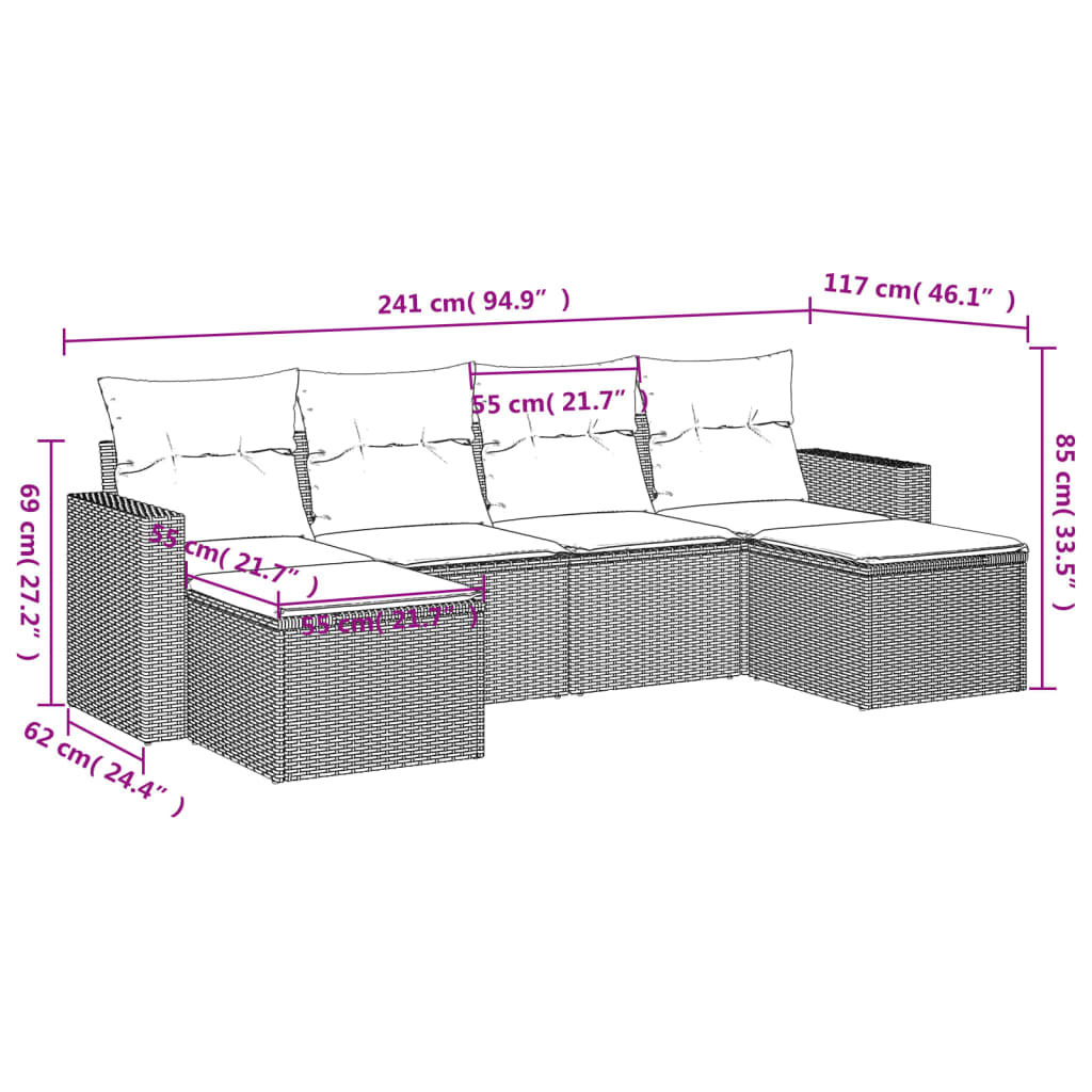 Set mobilier de grădină cu perne, 6 piese, negru, poliratan