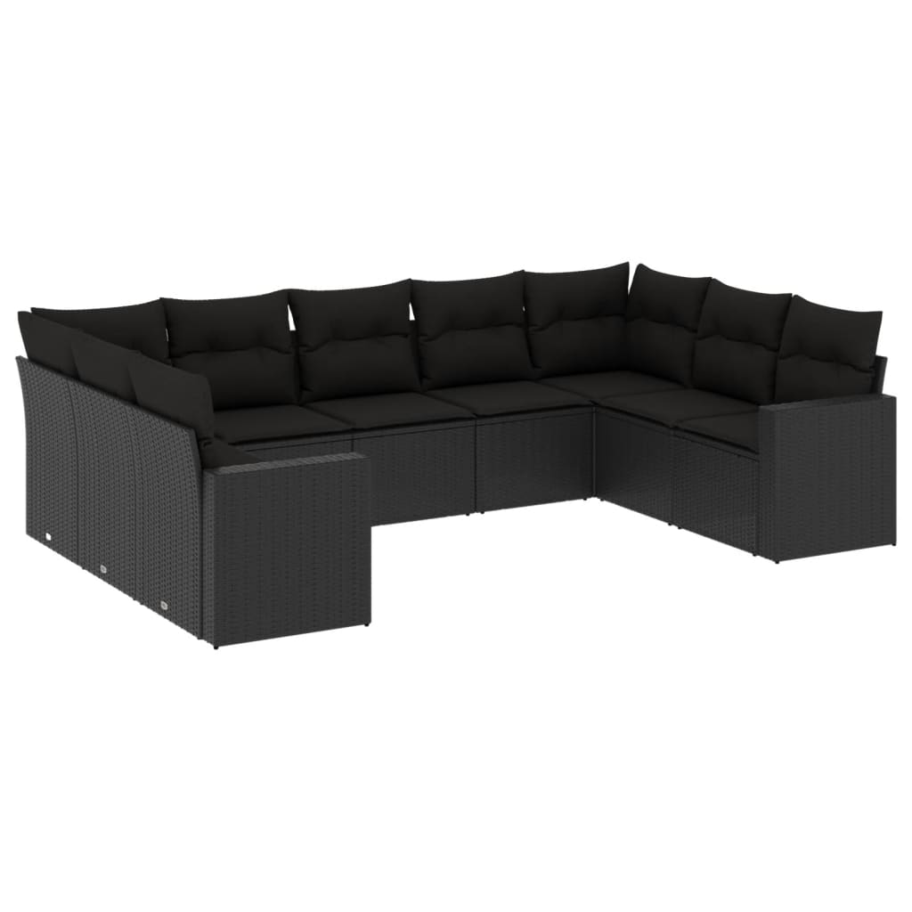 Set mobilier de grădină cu perne, 9 piese, negru, poliratan