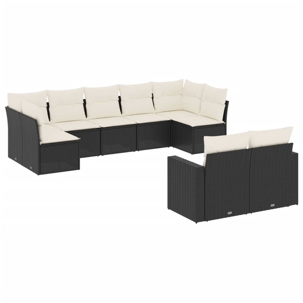 Set mobilier de grădină cu perne, 9 piese, negru, poliratan