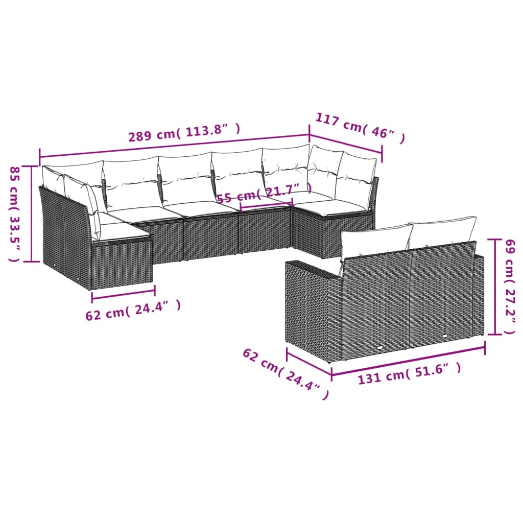 Set mobilier de grădină cu perne, 9 piese, negru, poliratan