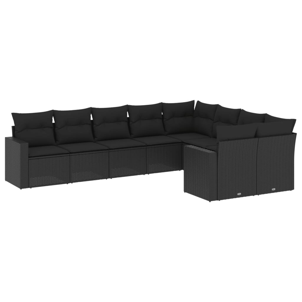 Set mobilier de grădină cu perne, 9 piese, negru, poliratan