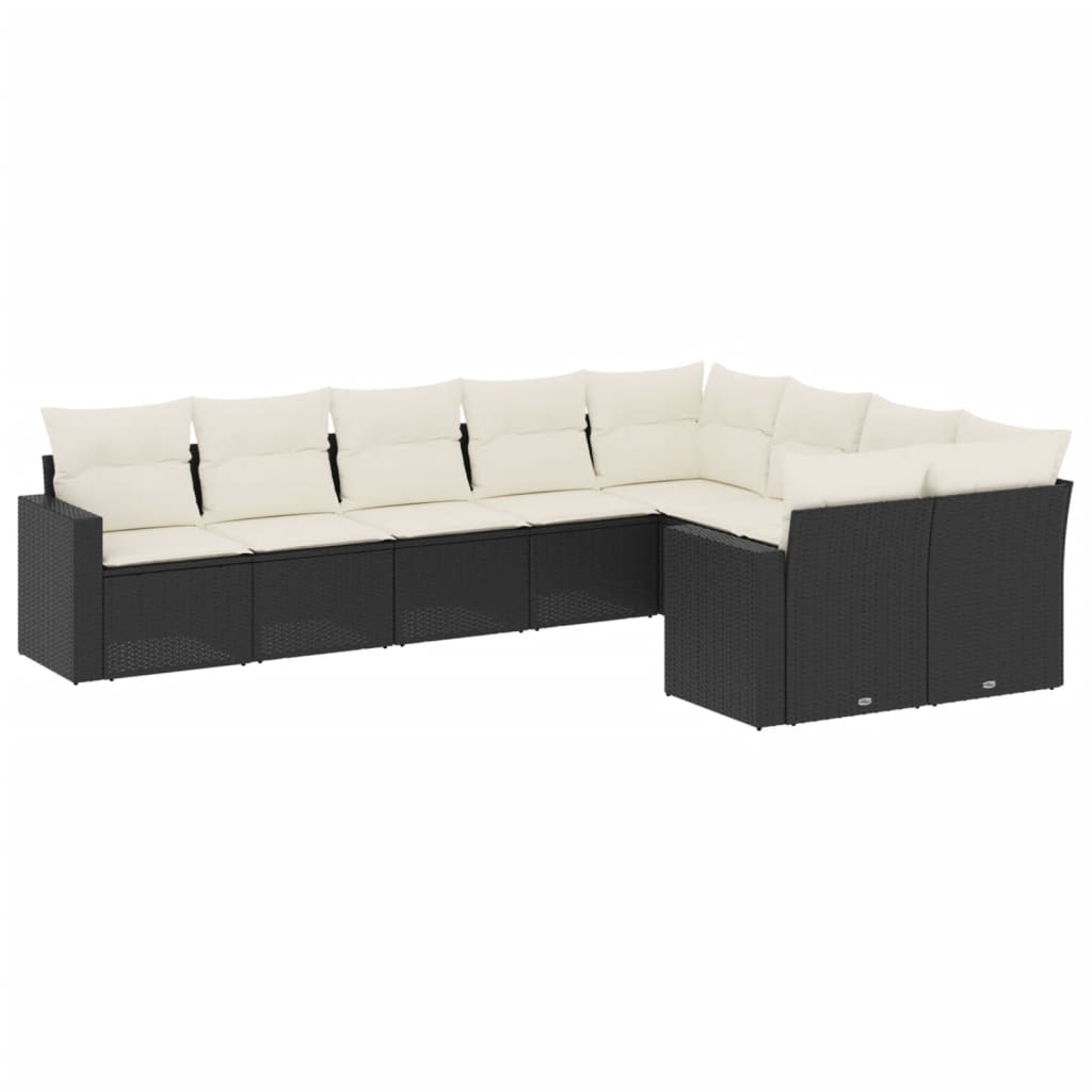 Set mobilier de grădină cu perne, 9 piese, negru, poliratan