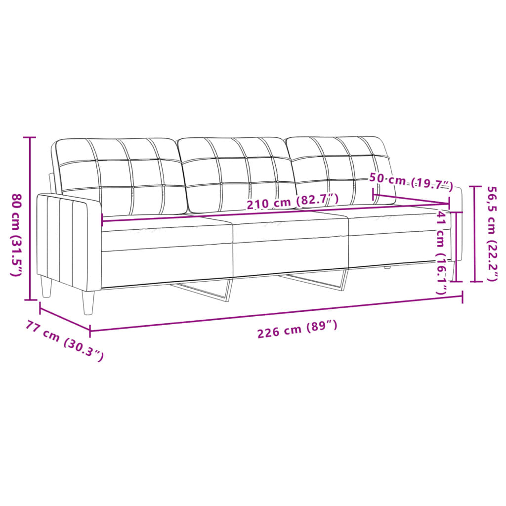 Canapea cu 3 locuri, Albastru, 210 cm, material catifea