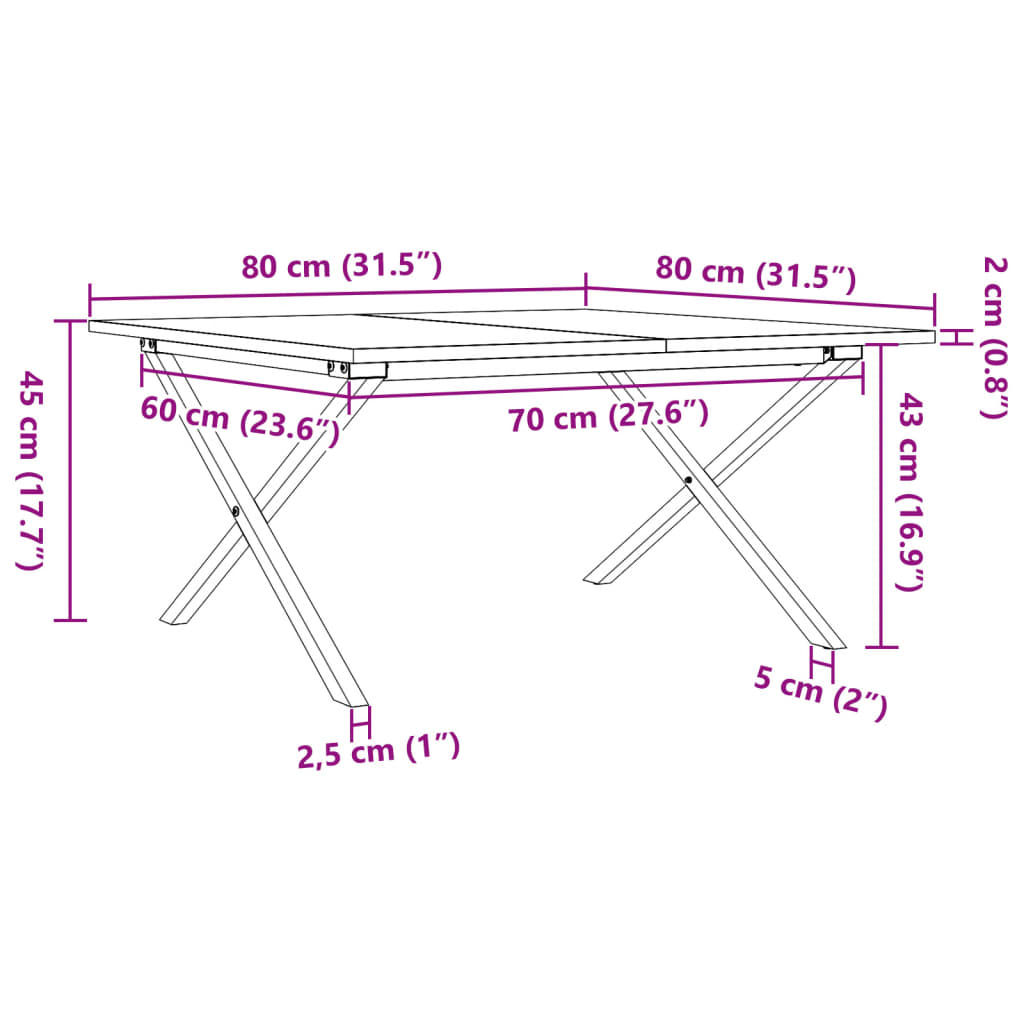 Masă de cafea, cadru X, 80x80x45 cm, lemn masiv pin și fontă