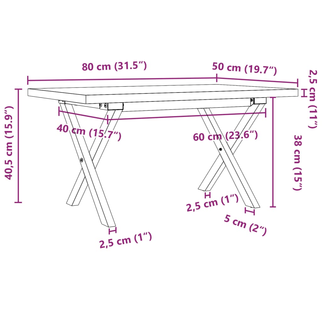 Masă de cafea, cadru X, 80x50x40,5 cm, lemn masiv pin și fontă