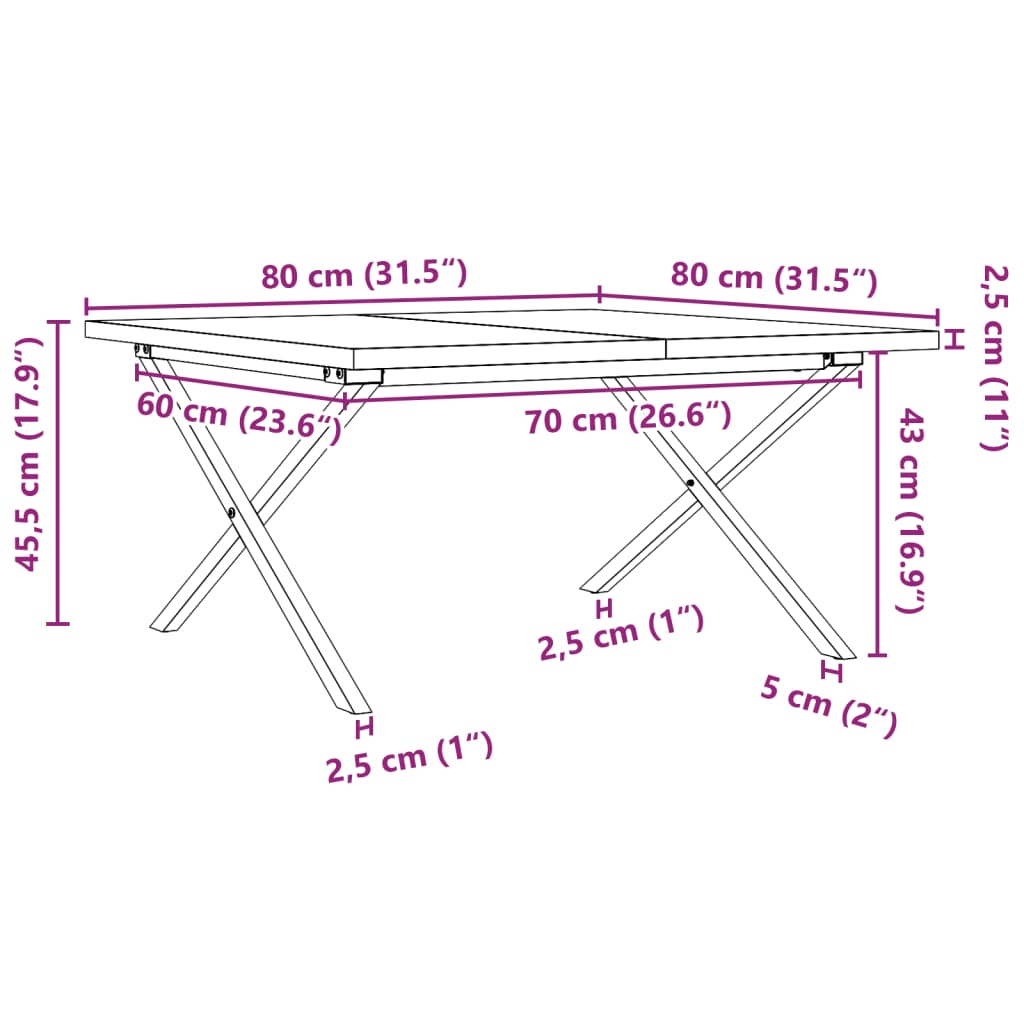 Masă de cafea, cadru X, 80x80x45,5 cm, lemn masiv pin și fontă