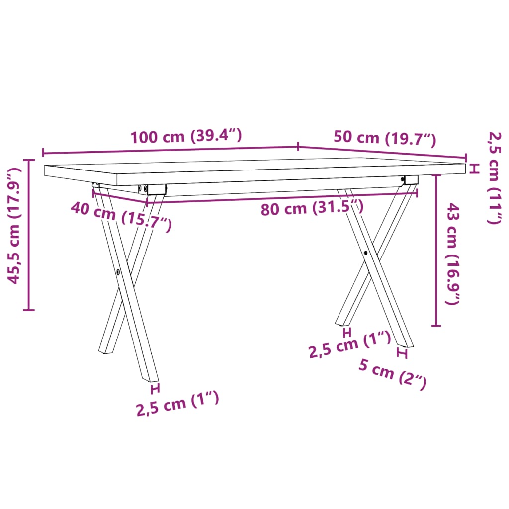 Masă de cafea, cadru X, 100x50x45,5 cm, lemn masiv pin și fontă