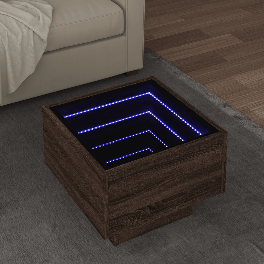 Masă laterală cu LED, stejar maro, 40x40x30 cm, lemn prelucrat